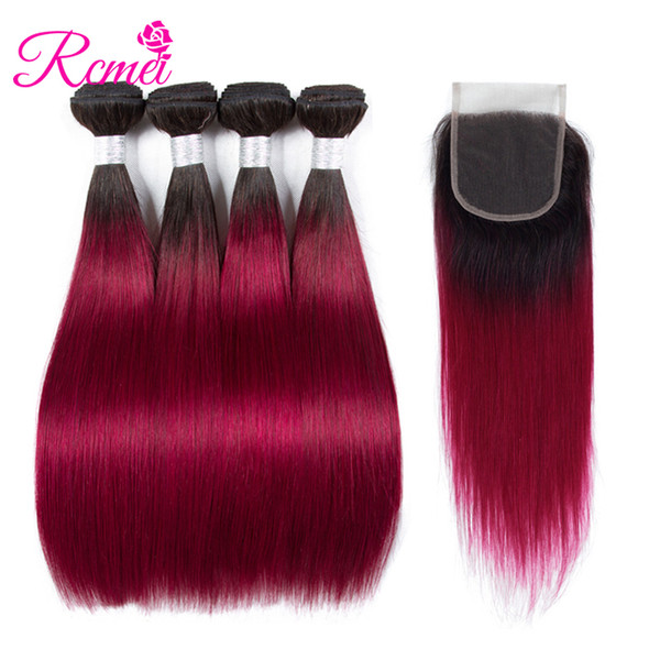 Burgundy Colored Hair Brazilian Straight Bundles With Closure Ombre 1b/Burgundy 2 Tone Color 4 Bundle With Lace Closure Rcmei