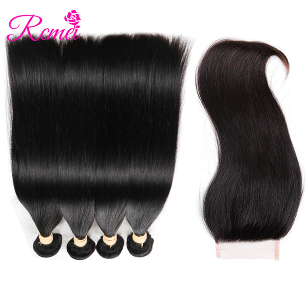 Rcmei Hair Straight Bundles With Closure Mongolian Virgin Human Hair Weave 4 Bundles With Three/Middle/Free Part Closure