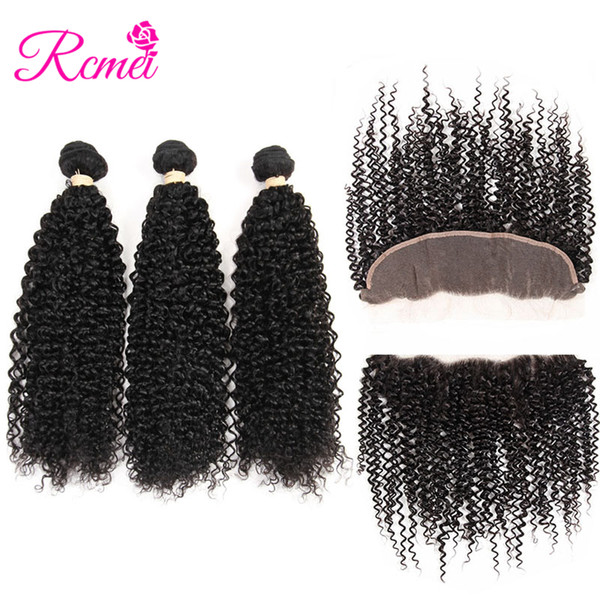 Rcmei Ear To Ear Baby Hair Kinky Curly Frontal Closure With 3 Bundles Brazilian Human Hair Bundles Deals Free Part No Shed