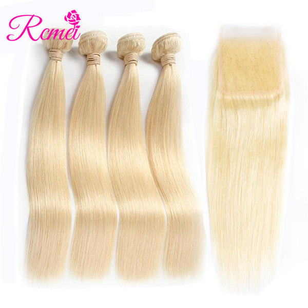 Rcmei Brazilian Hair Straight Hair 4 Bundles With Closure 613 Blonde Color 10-26 Inch Human Hair With 4x4 Closure 