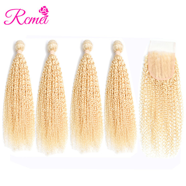 Rcmei Pre-Colore 100% Human Hair 4 Bundles With 4*4 Lace Closure #613 Color Remy Brazilian Kinky Curly Hair 5 pcs/Lot