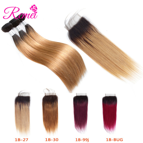 Rcmei Ombre Straight Hair 3 Bundles With 4*4 Lace Closure Two Tone 1b/27/99j/30/burgundy 10-26 Inch 100% Malaysian Hair Weaving