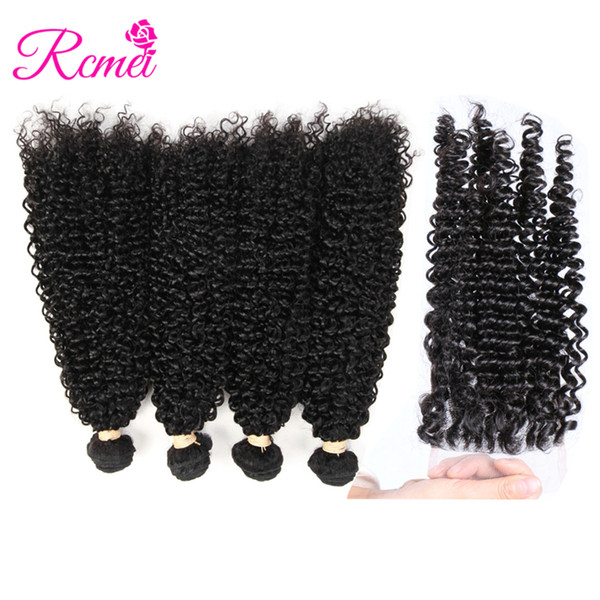 Rcmei Mongolian kinky curly human hair 4 bundles with closure curly bundles with lace closure natural black Remy Hair extension 8-28 inch