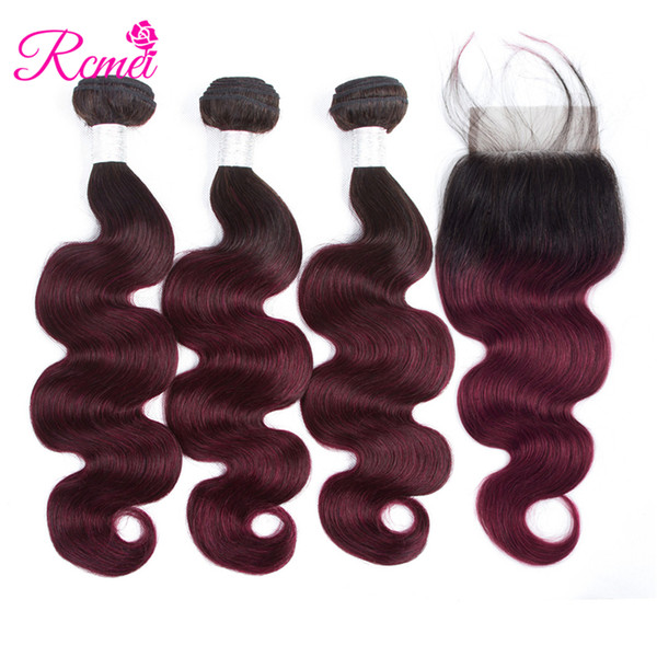 Rcmei Hair Ombre Brazilian Body Wave 3 Bundles With Closure Ombre Human Hair Bundles With Free Part Lace Closure 1B/99J