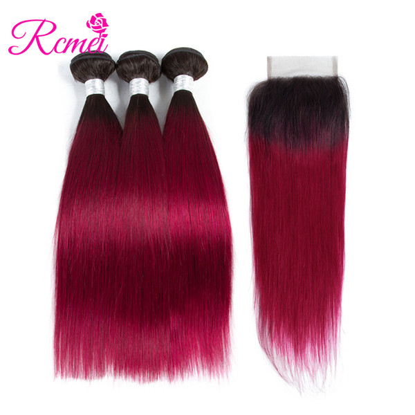 Rcmei Brazilian 1b/Burgundy Bundles With Closure Ombre Brazilian Straight Hair 3 Bundles With Closure 4 PCS/Lot Ombre Human Hair