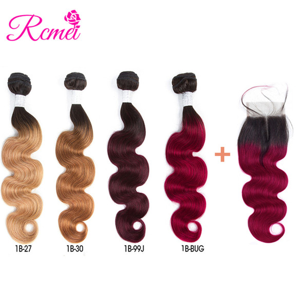 Rcmei Peruvian Body Wave Ombre Human Hair Weave 3 Bundles With Closure 100% Remy Hair 1B/27 1b/30 1b/99j 1b/burgundy