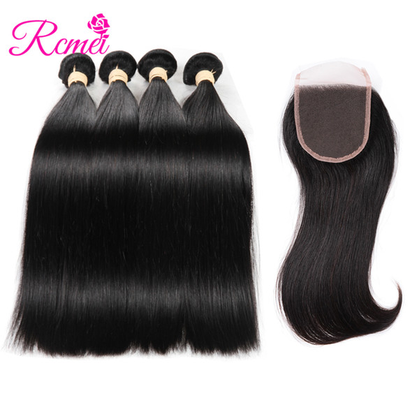 Rcmei Hair Hot Selling Brazilian Human Hair Weave Straight Hair 4 BUndles With 4*4 Free Part Lace Closure