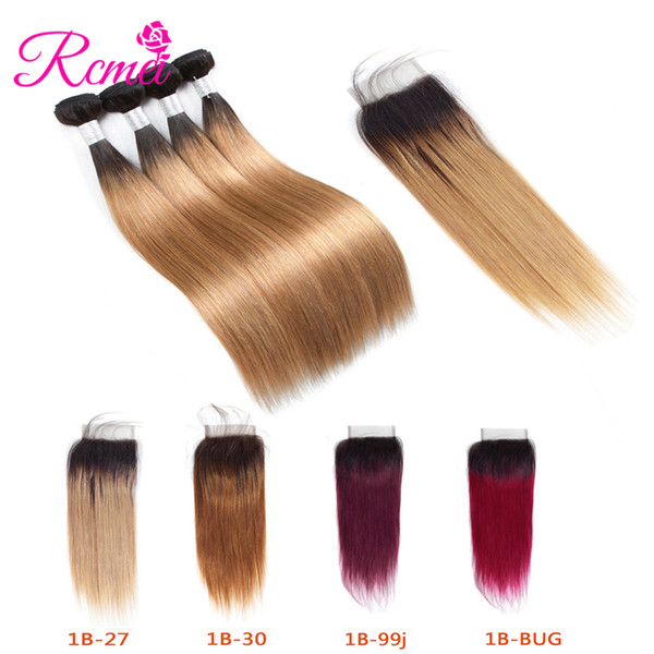 Rcmei Ombre Malaysian Hair Bundles With 4*4 Lace Closure 1B/27 1B/30 1B/99j 1B/burgundy Pre-color 4 Bundles 10-26inch 