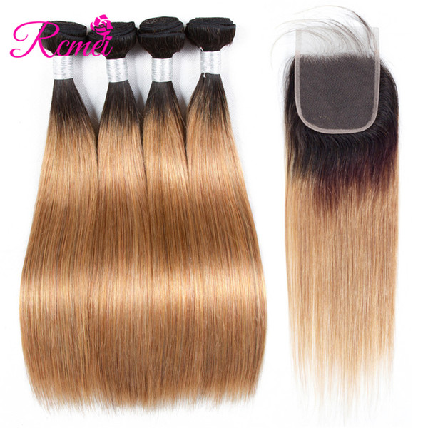 1B 27 Colored Bundles With Closure Brazilian Straight Human Hair 4 Weave Bundles WIth 4*4 Lace Closure Two Tone Black Roots