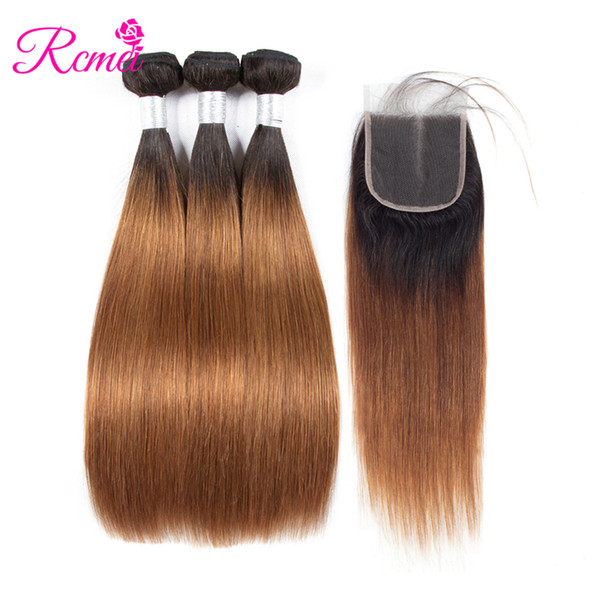 Rcmei Brazilian Straight Hair 3 Bundles Ombre Human Hair Weave With 4*4 Lace Closure 100% Human Hair 1B/30