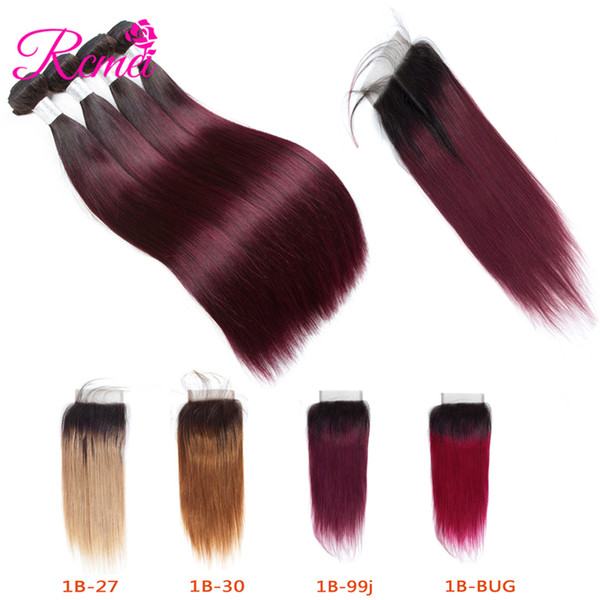 Rcmei Pre-Colored Indian Straight 100% Human Hair 4 Bundles With Lace Colsure remy Hair Extensions 1B/27 1B/30 1B/99j 1B/burgundy