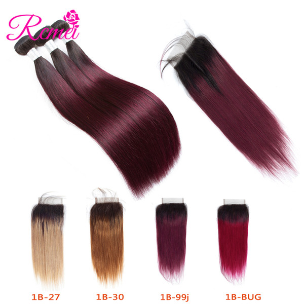 Ombre Hair Bundles 1B/27 30 99j burgundy Indian Straight Hair Bundles Deals HumanHair Weave 3 Bundles With Closure Rcmei Remy Hair