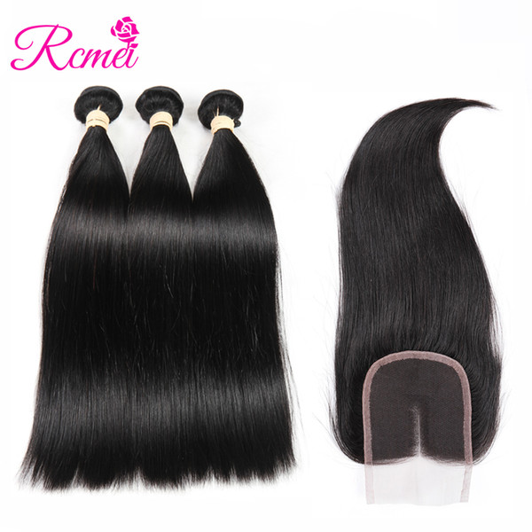 Rcmei Straight Bundles With Closure Human Hair Malaysian Hair Weave 3 Bundles With Closure Free/Middle/Three Part Remy Hair Extension