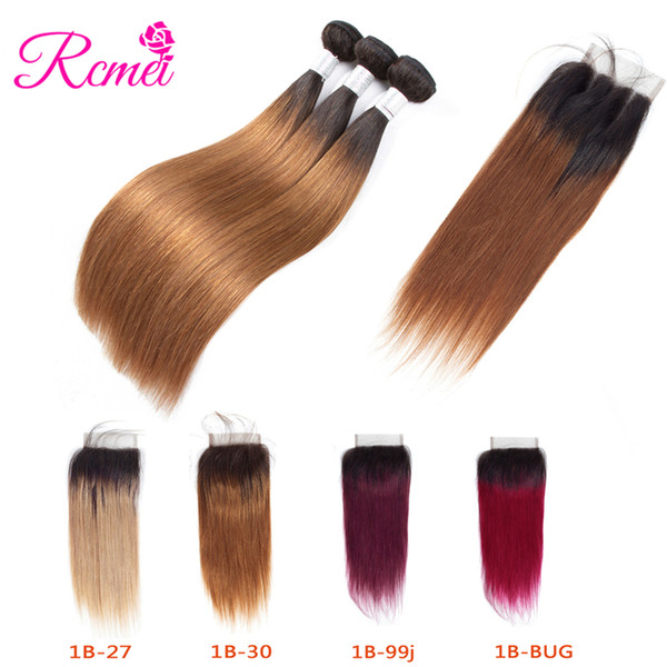 Ombre Mongolian Straight Hair 3 Bundles With 4*4 Closure 1b-27/30/99j/burgundy 10-26inch Bundles with Free/middle/three Part Lace Closure