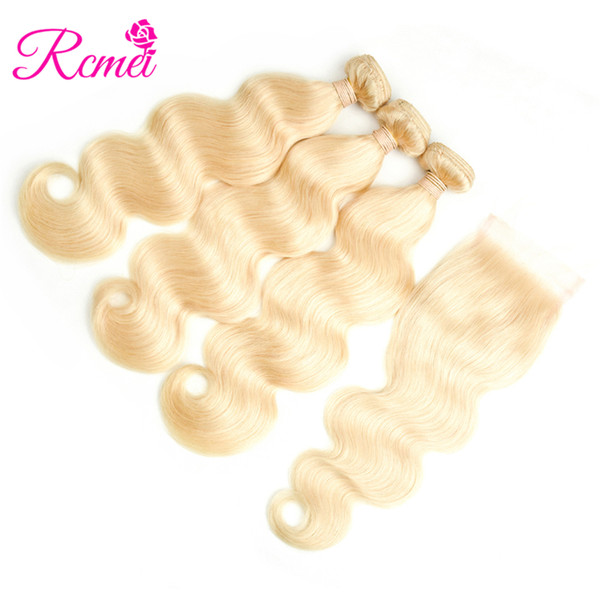 Rcmei Body Wave Bundles With Light Brown Lace Closure #613 Blonde 4*4 Lace Closure with Peruvian Body Wave Hair 3 Bundles