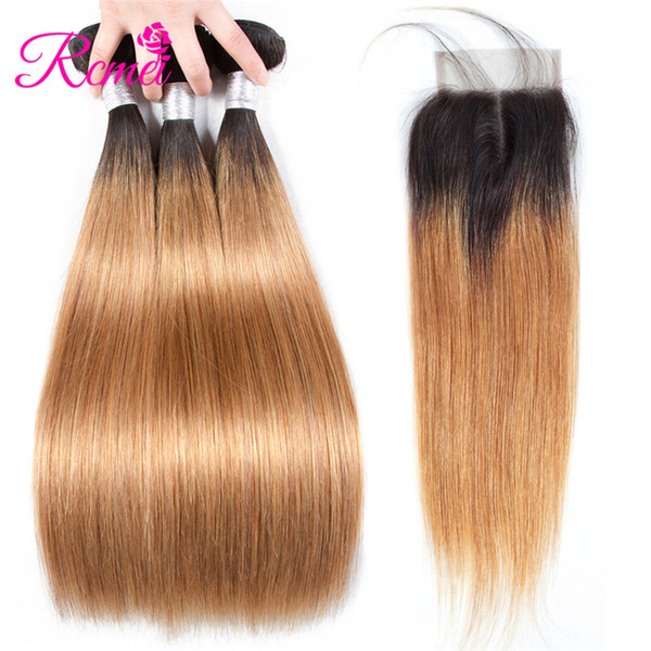 Rcmei 1B/27 Ombre Human Hair 3 Bundles With Closure Brazilian Straight Hair With Closure Nuatural Human Hair Bundles