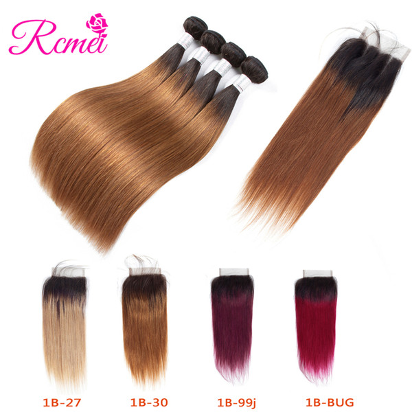 Rcmei Mongolian Human Hair Extensiongs Pre-coloed Omnre Hair 4 Bundles With 4*4 Lace Closure 1B/27 1B/30 1B/99j 1B/burgundy 10-26inch