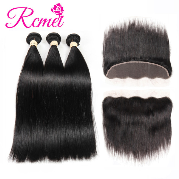 Rcmei Human Hair Brazilian Straight Human Hair Bundles With Lace Frontal Closure 100% Human Hair 3 Bundles With 13*4 Lace Frontal