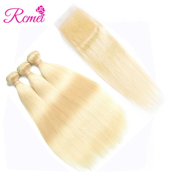 Rcmei 613 Blonde Malaysian Straight Human Hair 3 Bundles With 4*4 Lace Closure Good Quality 100% Human Hair Weaving 