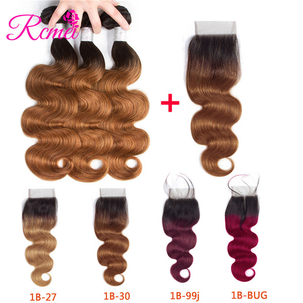 Rcmei Body Wave Mongolian Human Hair Wefts 4 Bundles Of Ombre Hair 1B-27/30/99j/burgundy With 4*4 Lace Closure 4pcs/lot