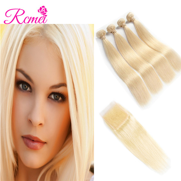 Rcmei 613 Bundles With Closure Mongolian Hair Blonde 4 Bundles With 4*4 Lace Closure Remy Straight Human Hair Blonde Bundles With Closure