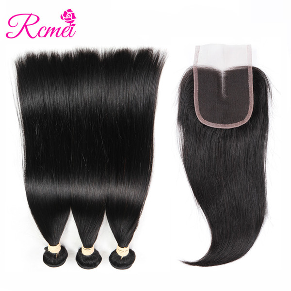 Rcmei 100% Human Hair Bundles With Closure 3 Bundles Peruvian Hair Weaving With4*4 Lace Closure Free/Middle/Three Part