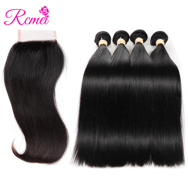 Rcmei Brazilian Straight Hair Bundles with Closure 100% Human Hair 4 Bundles With Closure 5 PCS Deal 4*4 Lace Closure with Bundles