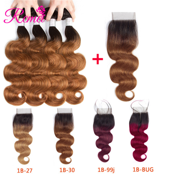 Rcmei Mongolian Body Wave Ombre Hair 4 Bundles With 4*4 Lace Closure Two Tone 1B-27/30/99j/burgundy 8-26inch Can Mixed 5psc/lot