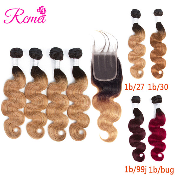 Rcmei Pre-colored Malaysian Body Wave 4 Bundles With 4*4 Lace Closure Color #1B/27 30 99j burgundy Virgin Human Hair Weave 5pcs/lot