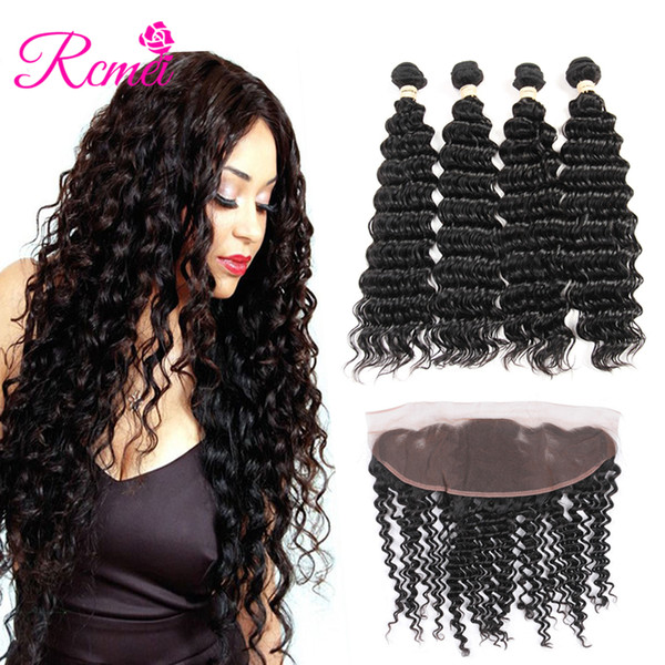 Rcmei Deep Wave Malaysian Hair Weave 4 Bundles With Lace Frontal Remy Hair Weaving Human Hair Extension Natural Black 100g/Piece/lot