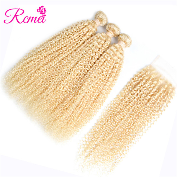 Rcmei 613 Kinky Curly Hair Bundles With Closure Peruvian Remy Human Hair 3 Bundles With Clousre with Baby Hair 613 Blonde Color