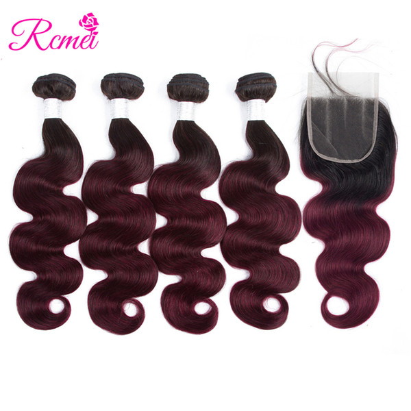 Rcmei Hair 1B 99j Colored Bundles With Closure Brazilian Body Wave 4 Weave Bundles With 4*4 Lace Closure Two Tone 