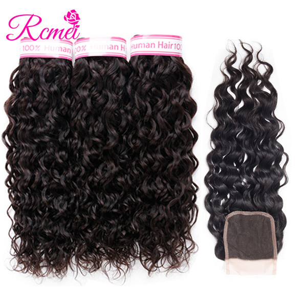 Rcmei Remy Hair Water Wave Malaysian Human Hair Bundles With Closure 3 Bundles Unprocessed Hair Weave With Free Part 4*4 Closure