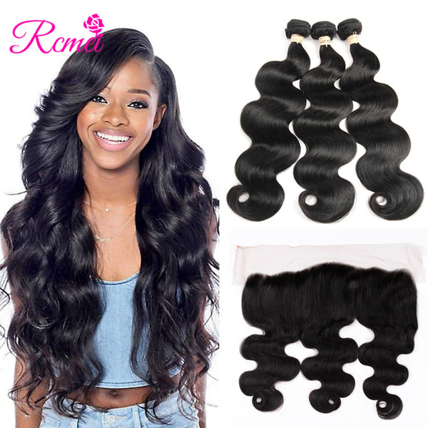 Rcmei Malaysian Body Wave Human Hair Bundles With Lace Frontal Closure 13*4 With Baby Hair natural color Human Hair Extension 3 Bundles