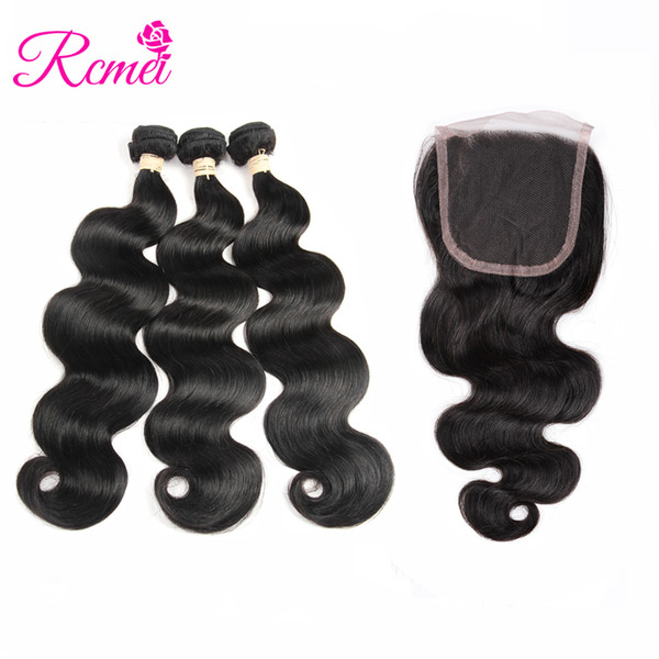 Rcmei Hair Hair Brazilian Body wave 3 Bundles 8-28 Inch with 4*4 Lace Closure Free Part Human Hair Extensions Dyeable