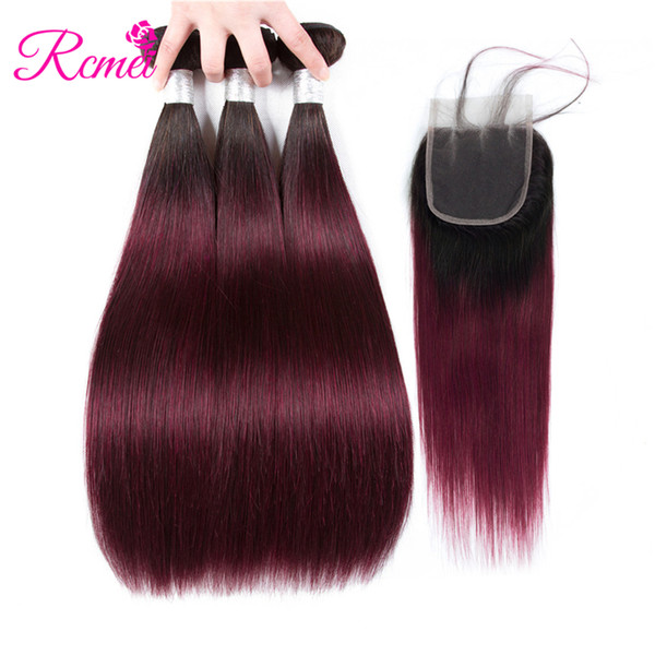 Rcmei Hair Ombre Brazilian Straight Hair Bundles With 4*4 Lace Closure Ombre Human Hair Bundles With Closure 1B/99J