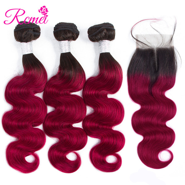 Burgundy Colored Hair Brazilian Body Wave Bundles With Closure Ombre 1b/Burgundy 2 Tone Color 3 Bundles With Middle Part Lace Closure Rcmei