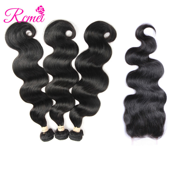 Rcmei Mongolian Body Wave 3 Bundles with Lace Closure Human Hair Bundles with Closure Remy Hair Weave Natural Black 4pcs/lot