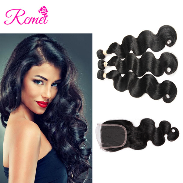 Rcmei Indian Hair Weave Extension With Closure 3 Bundle With 4*4 Lace Closure Remy Human Hair Body Wave Bundles 8-28inch Natural Black