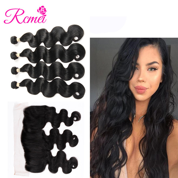 Rcmei Mongolian Body Wave Hair Bundles with Frontal 100% Remy Human Hair 4 Bundles With Lace Frontal Natural Color No Shedding