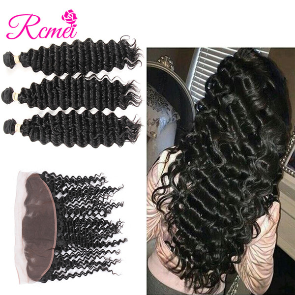 Rcmei Deep Wave Bundles With Frontal Closure Remy Human Hair Bundles With Closure Mongolian Hair 3 Bundles With Frontal 13*4