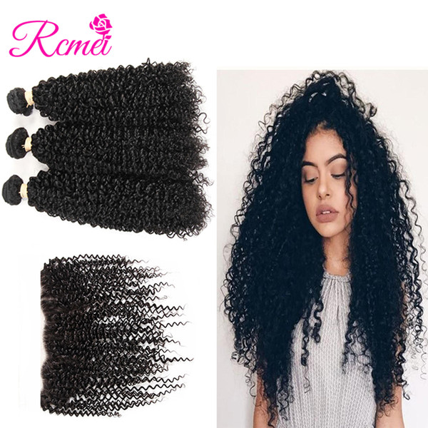 Rcmei 4 Bundles of Mongolian Kinky Curly With Frontal Remy Human Hair Bundles 13x4 Lace Frontal Closure With Bundles Natural Black