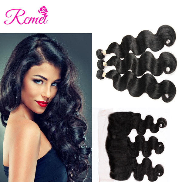 Rcmei Hair Indian Body Wave Bundles With Frontal 100% Unprocessed Human Hair Extension Body Wave Curly Bundles With 13*4 Lace Closure