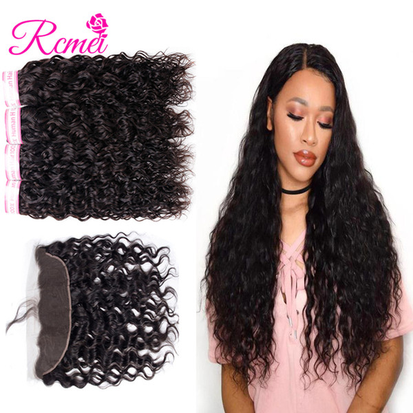 Rcmei 100% Human Hair Water Wave Bundles With Frontal Mongolian Hair Weave 4 Bundles Remy Hair Extensions Natural Color