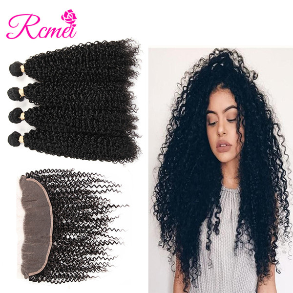 Rcmei Mongolian Kinky Curly Human Hair 4 Bundles With Lace Frontal Baby Hair Pre Plucked Afro Kinky Curly Closure Remy 5pcs/lot