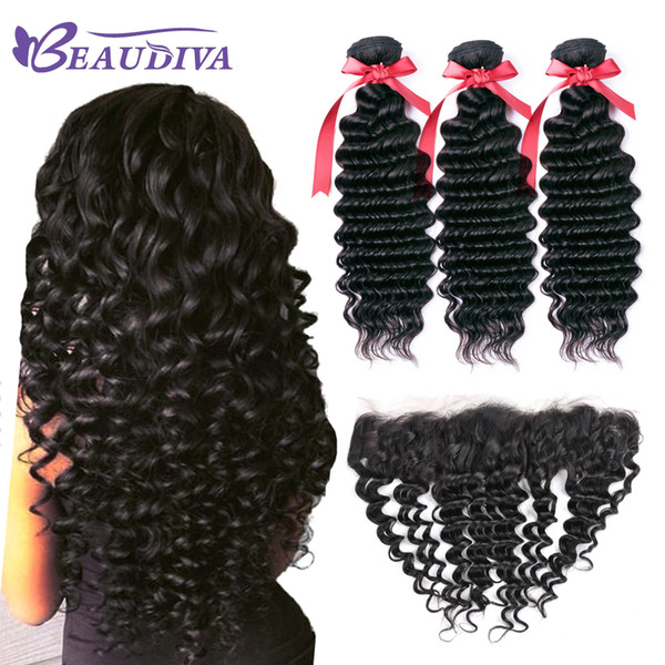 Beau diva 10A Brazilian Deep Wave 3 Bundles with Frontal Lace Closure 13x4 Unprocessed Curly Hair Weave Human Hair Extensions Natural Color