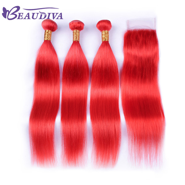 Beau Diva Hot Red Bundles With Closure Remy Peruvian Straight Hair With Closure Human Hair Bundles With Lace Closure 4*4