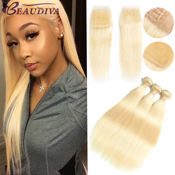 BEAUDIVA 613 Blonde Straight Virgin Hair Bundles With Closure 4*4 Lace Closure Brazilian Hair Extensions,100% Human Hair Weave