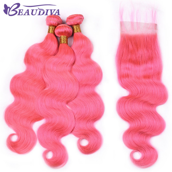 Beau Diva Pink Hair Bundles With Lace Closure Body Wave Brazilian Hair With Closure Remy Human Hair Bundles With Lace Closure