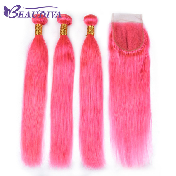 Beau Diva Pink Bundles With Closure Remy Peruvian Straight Hair With Closure Human Hair Bundles With Lace Closure 4*4